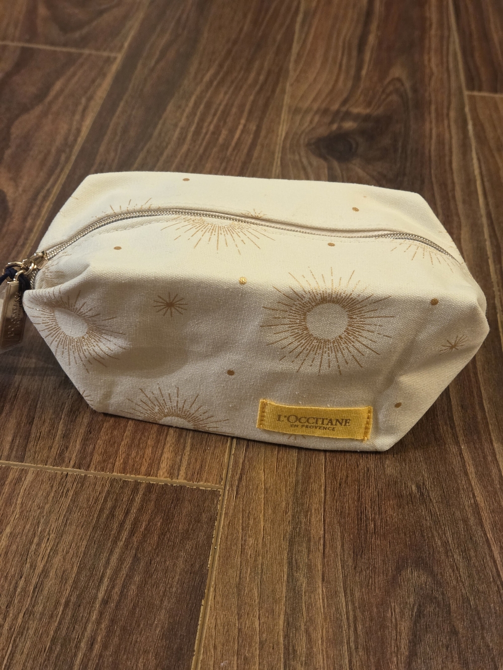 NWT L'Occitane Cosmetic Makeup Pouch - Cream Gold Sun Print